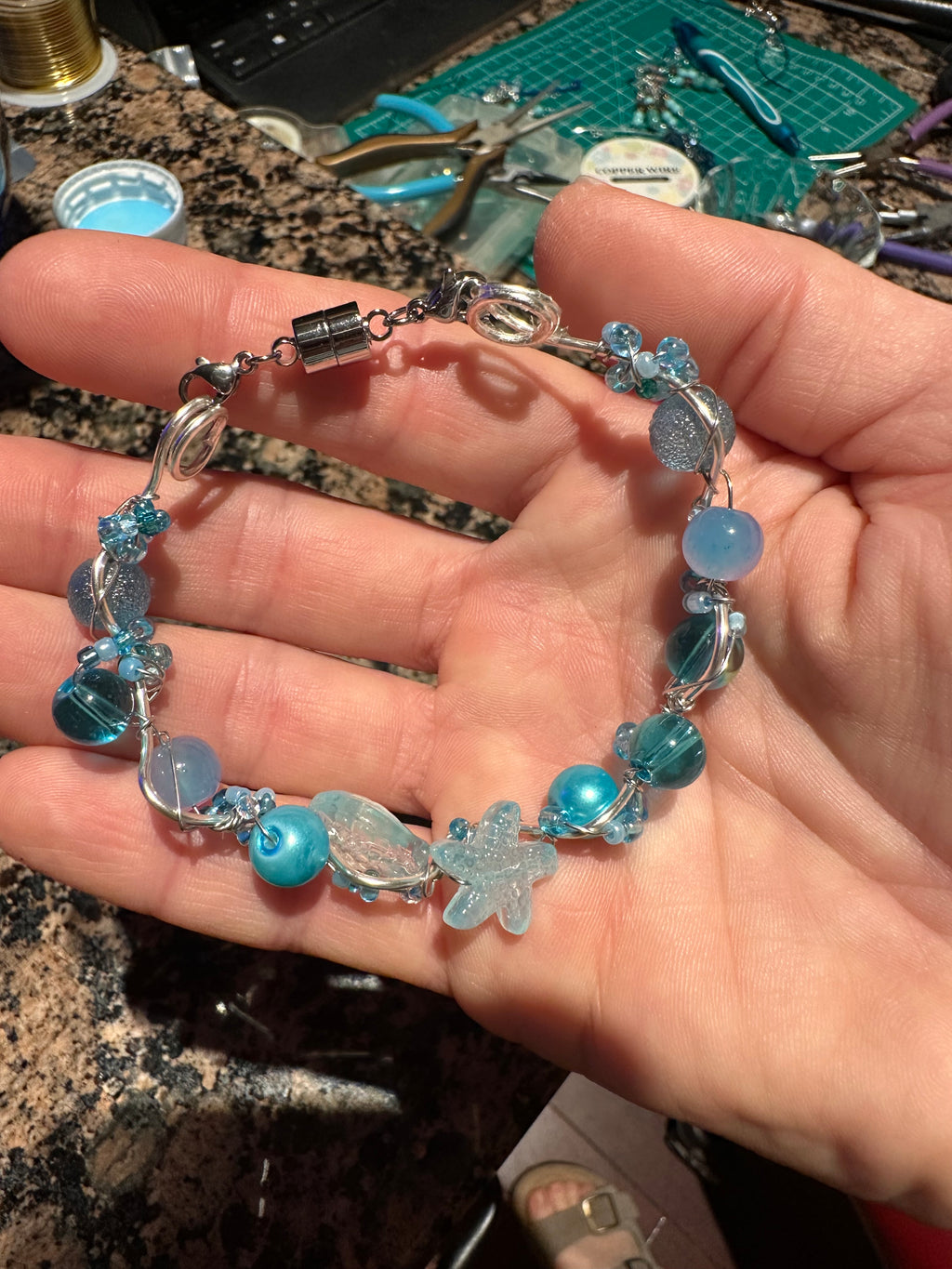 Mermaid Core Starfish Bangle - Handmade Wire Wrapped Bracelet with Magnetic Clasp